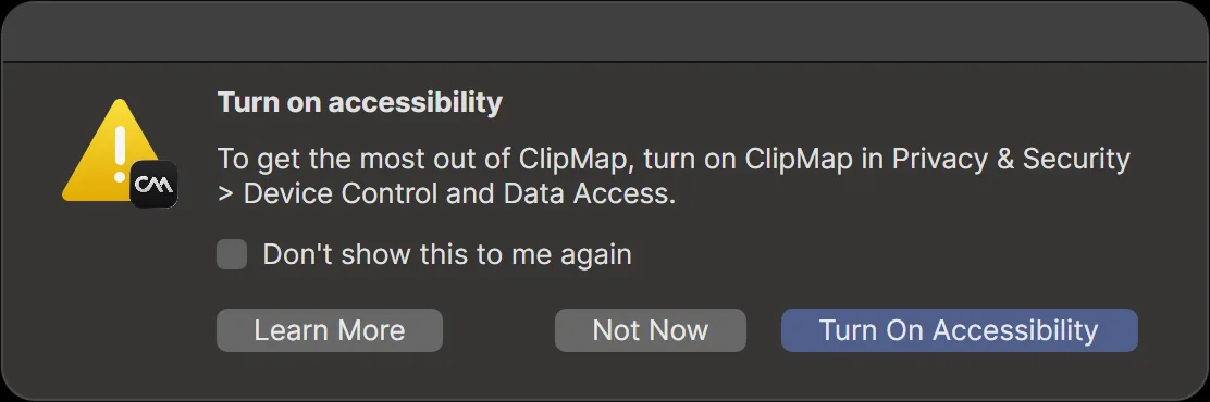 The Turn on accessibility popup with Learn More, Not Now and Turn On Accessibility buttons.