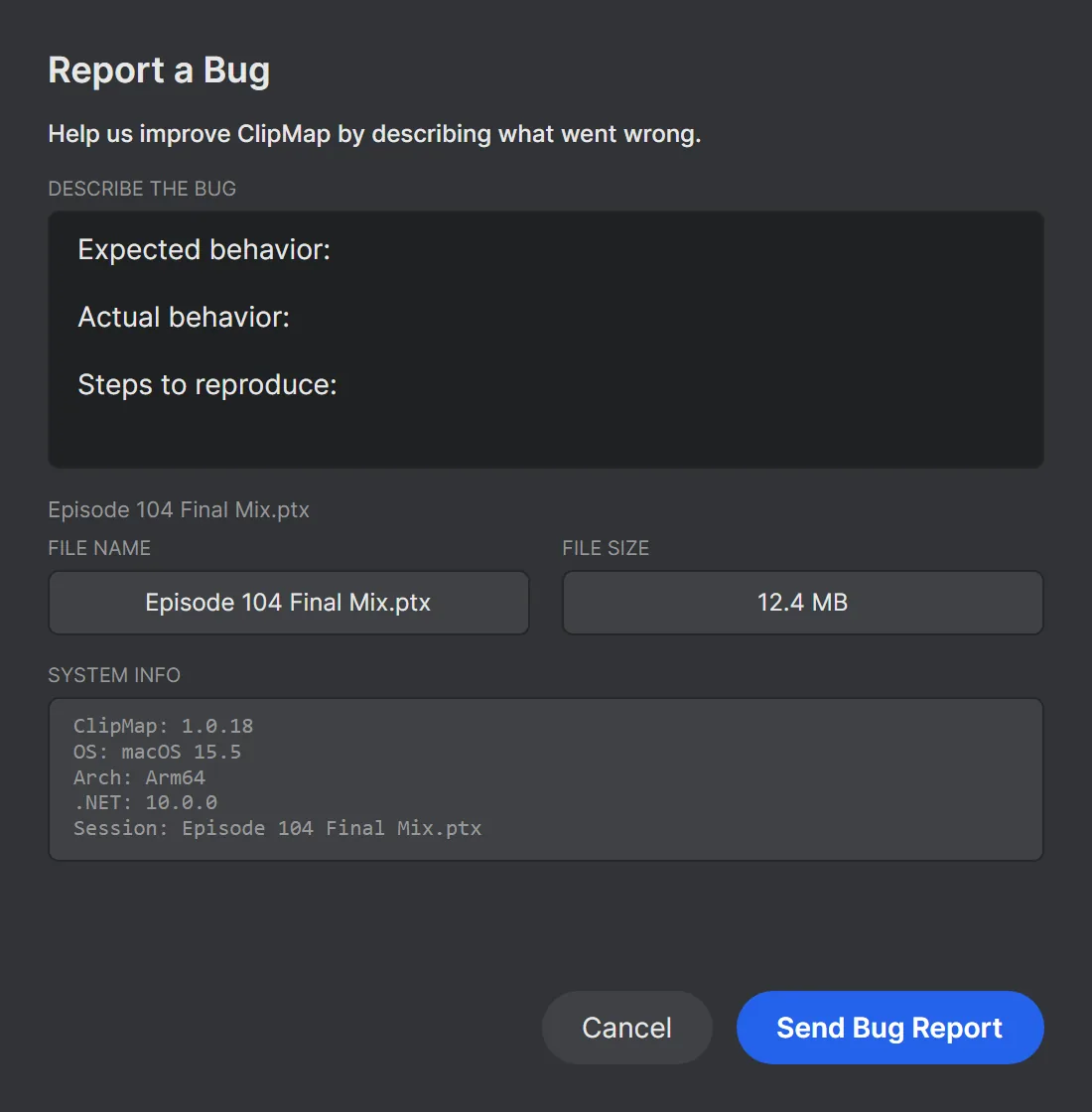 The Report a Bug window with a description box, the attached session file and system info.