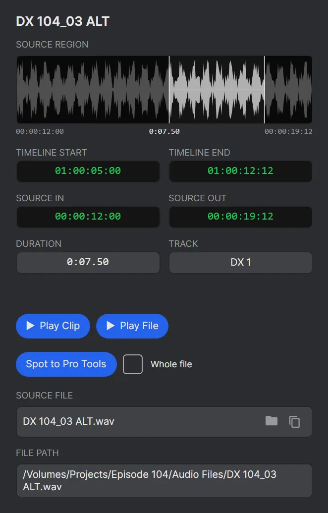 The Clip Inspector showing a clip's waveform, timeline and source positions, Play Clip, Play File and Spot to Pro Tools.