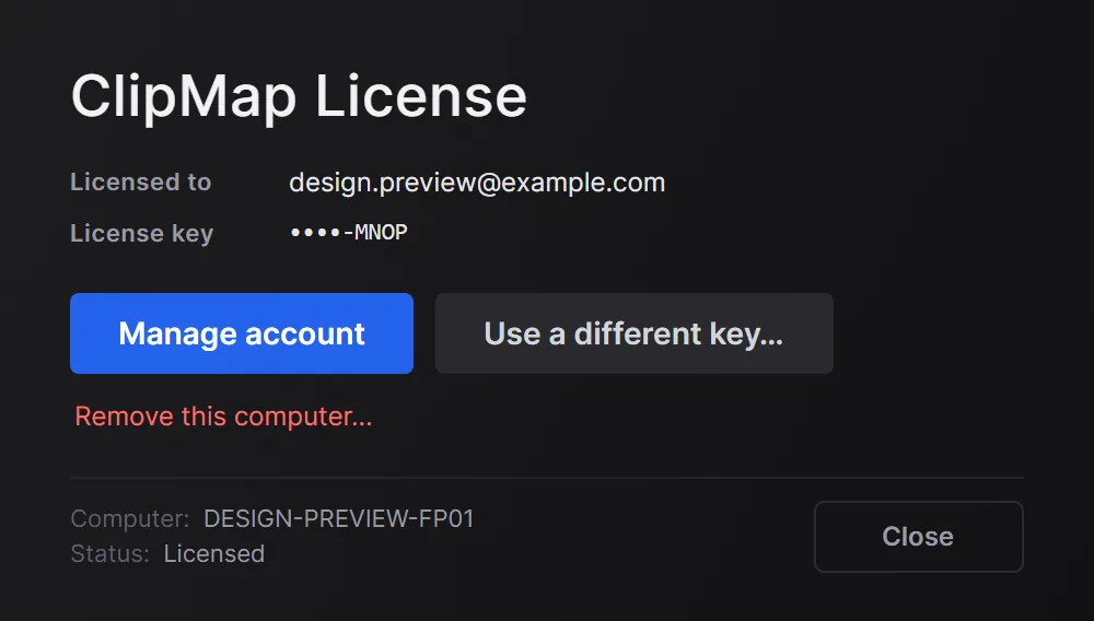 The ClipMap License window with Manage account, Use a different key and Remove this computer.