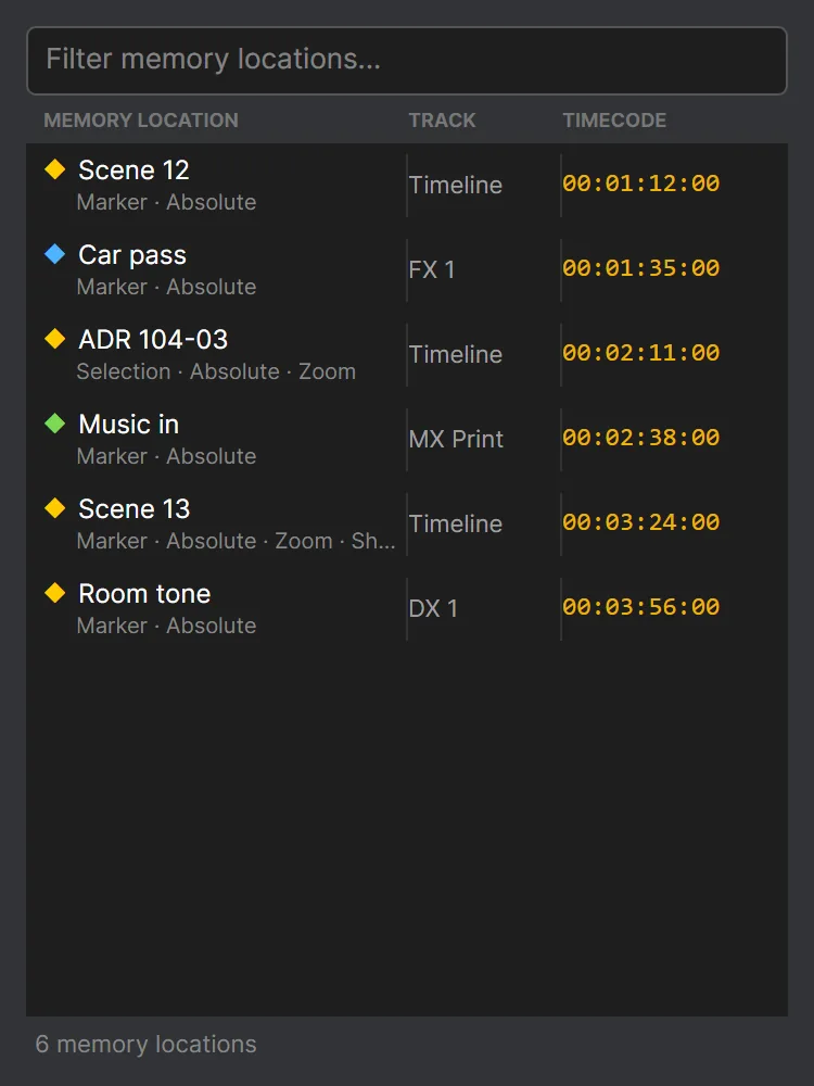 The Memory Locations window listing markers with their track and timecode.