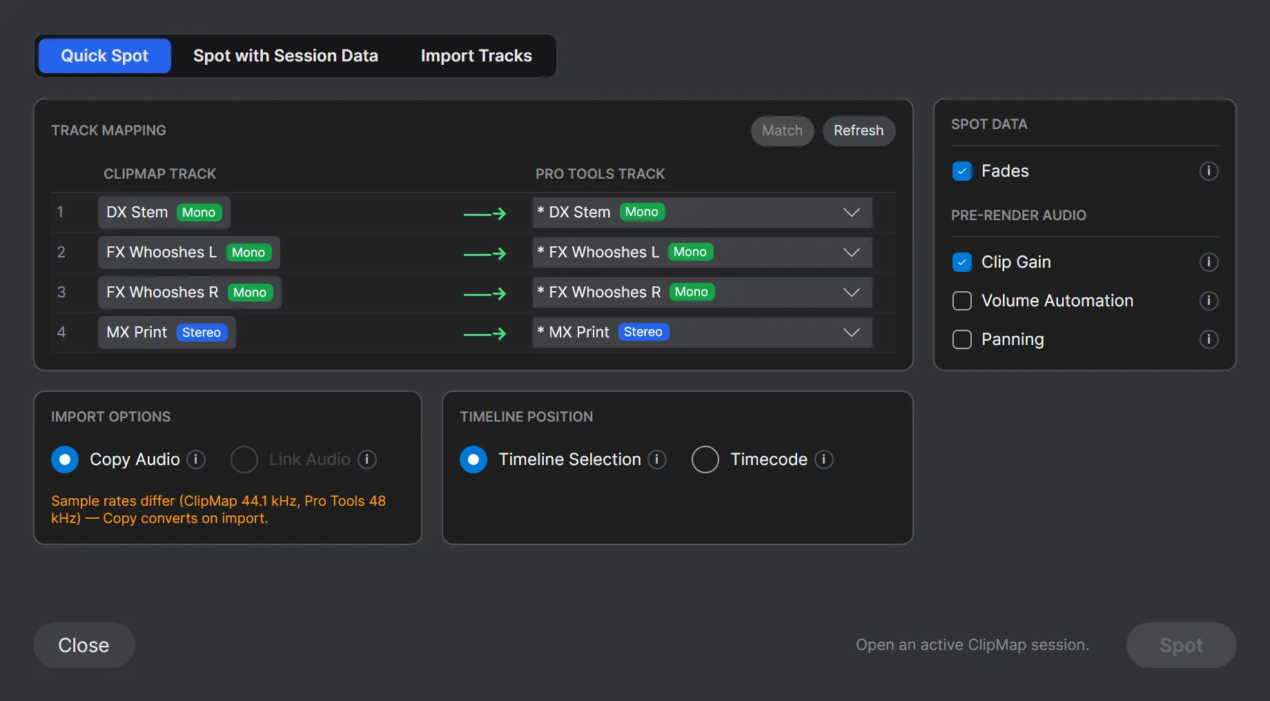 The Spot to Pro Tools window with track mapping, import options, timeline position and spot data.