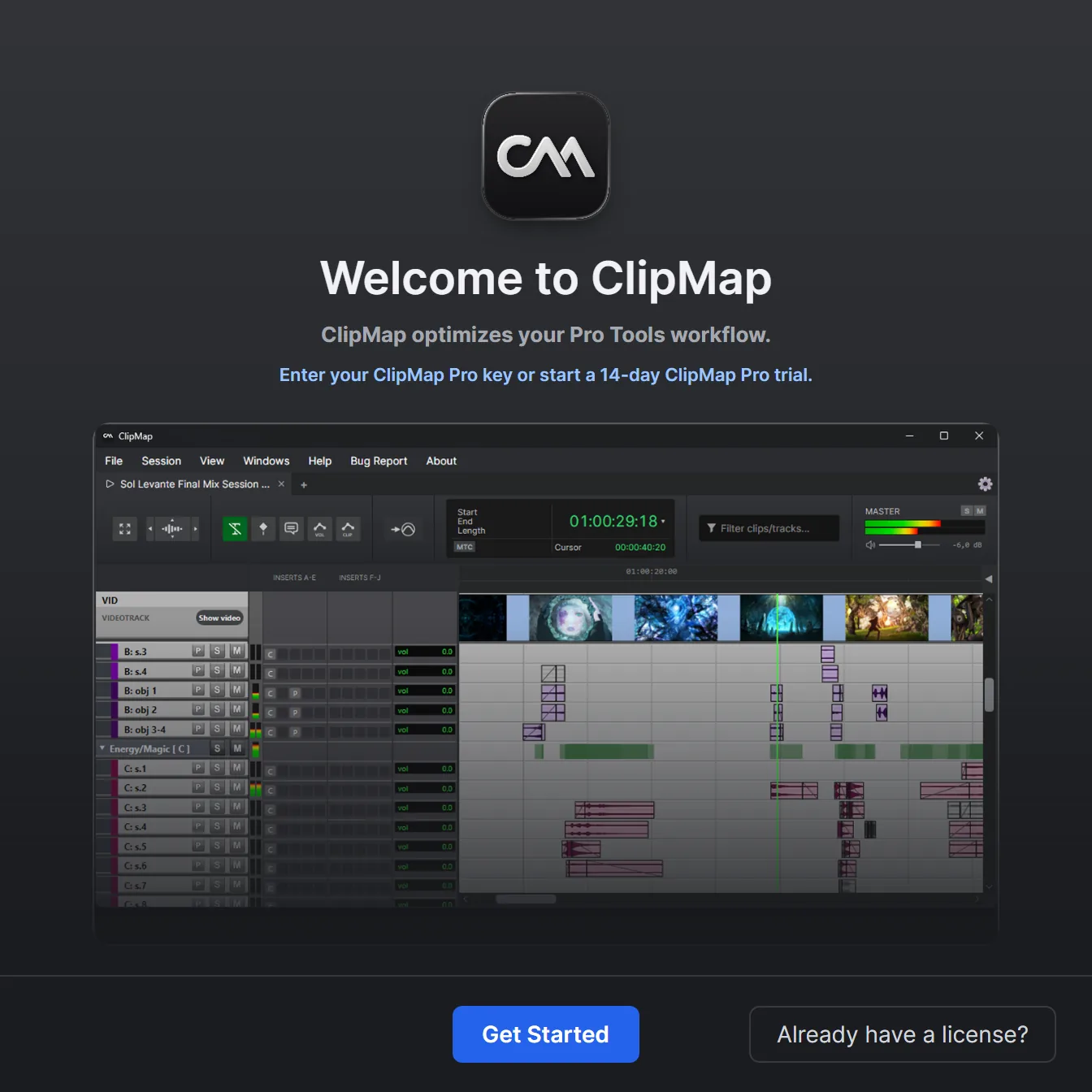 The Welcome to ClipMap window with the Get Started and Already have a license? buttons.