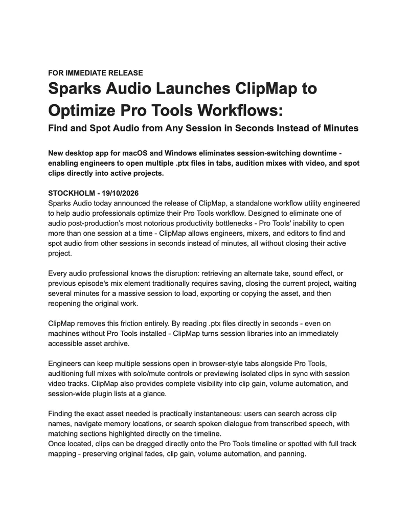 Sparks Audio Launches ClipMap to Optimize Pro Tools Workflows, first page