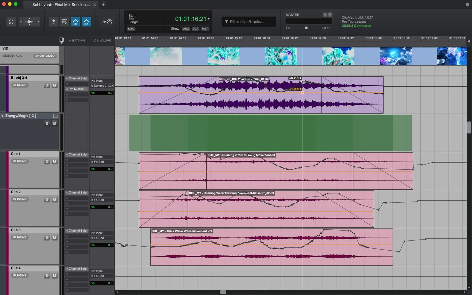 Clip gain, volume automation and plugins at a glance.