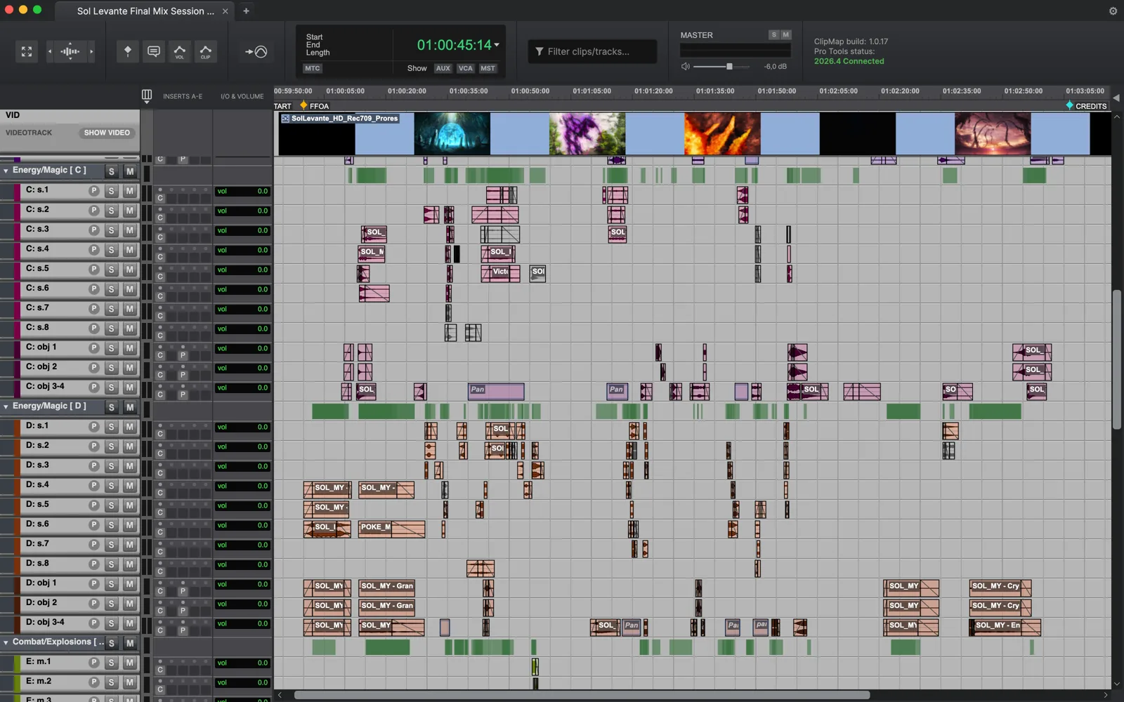 A Pro Tools session open in ClipMap, with the video track's thumbnails.