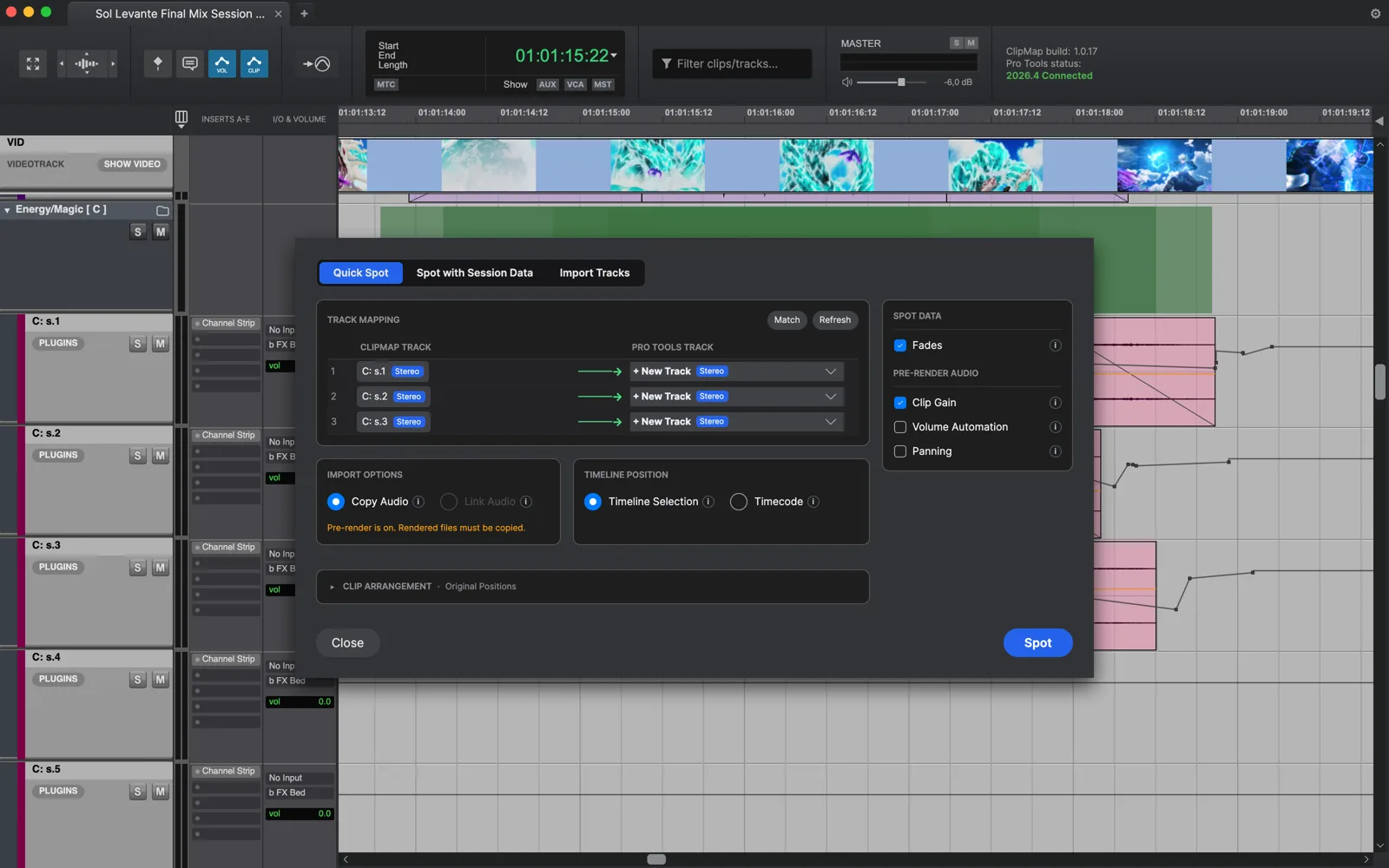 Spotting clips into Pro Tools with track mapping.